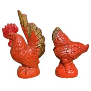 Vintage Rooster and Hen Large Ceramic Figurine 2 pc Red Gold Antique Decor